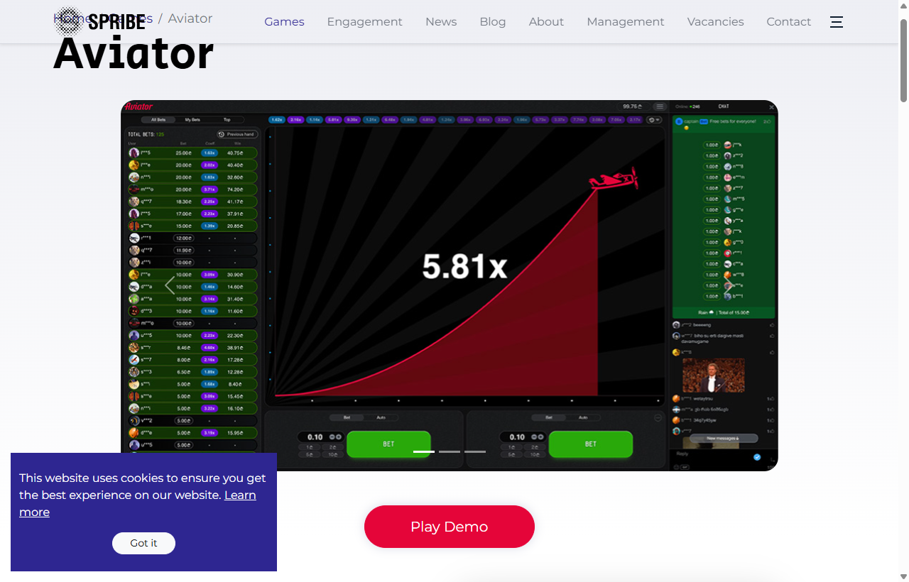 Official Aviator game interface by SPRIBE